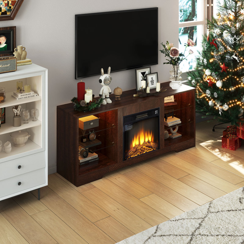 Tv Stand For Tvs Up To 62", Electric Fireplace With Glass Shelves, Led Lights, Dual Power Outlets & Usb Ports, Espresso