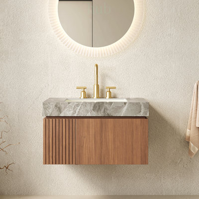 Meuble-lavabo de salle de bain 30 po, rangement en contreplaqué flottant avec plateau en pierre frittée et lavabo en céramique, pré-assemblé
