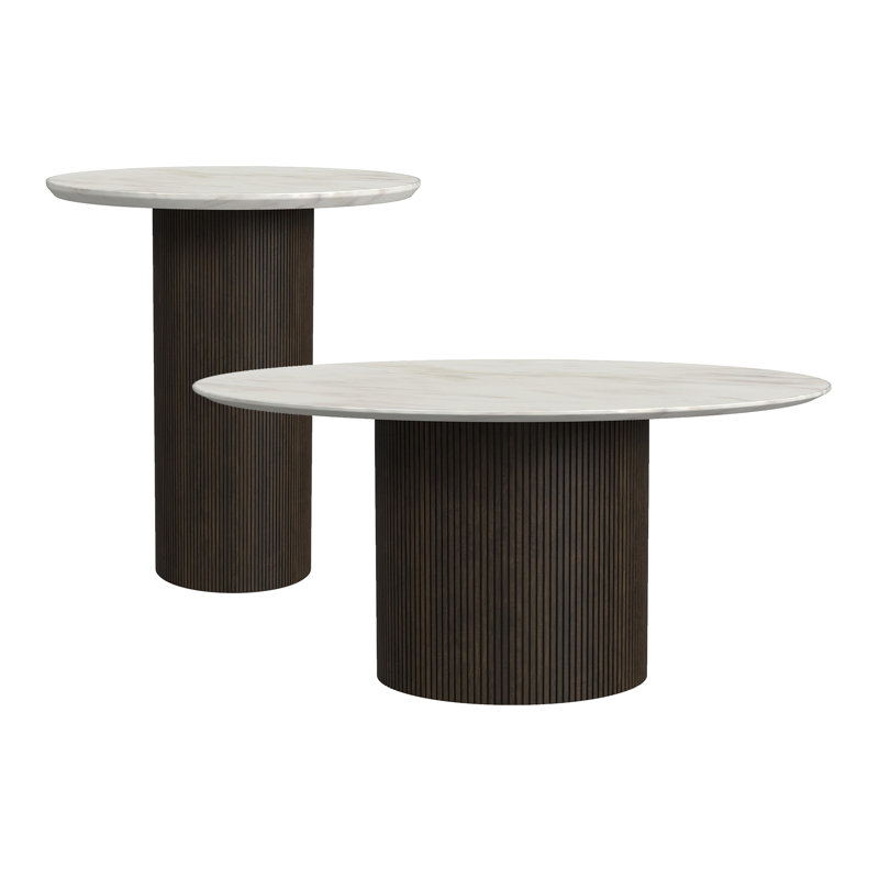 Ensemble de table d'appoint 2 pièces Sutton Picket House Furnishings avec plateau et base en faux marbre blanc brun foncé