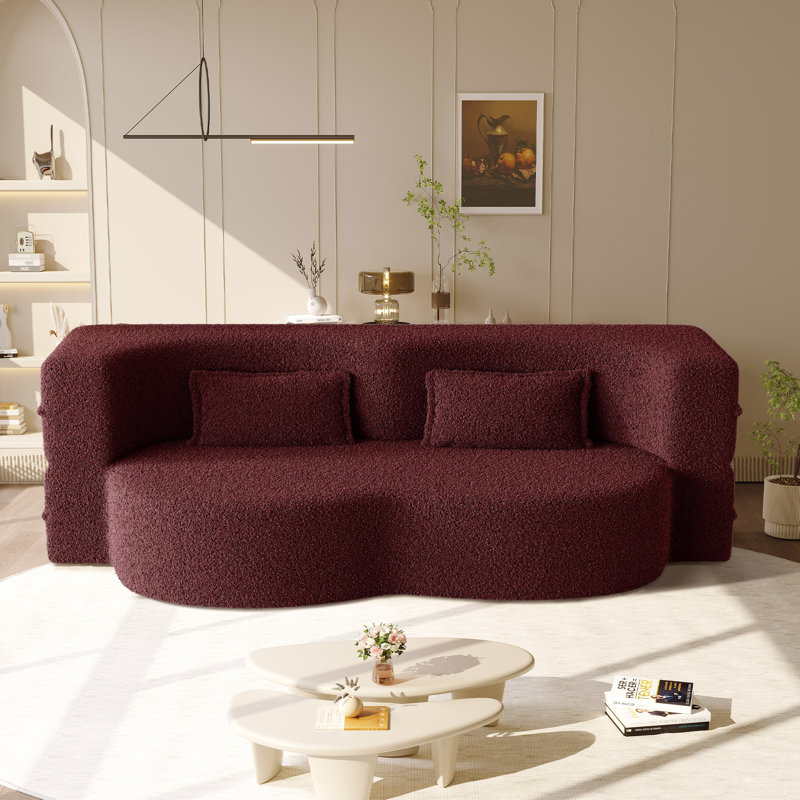 Evren Boneless Modern Minimalist Compression Convertible Floor Sofa Bed with Pillows, 30" H x 78" W x 45" D, Teddy Red