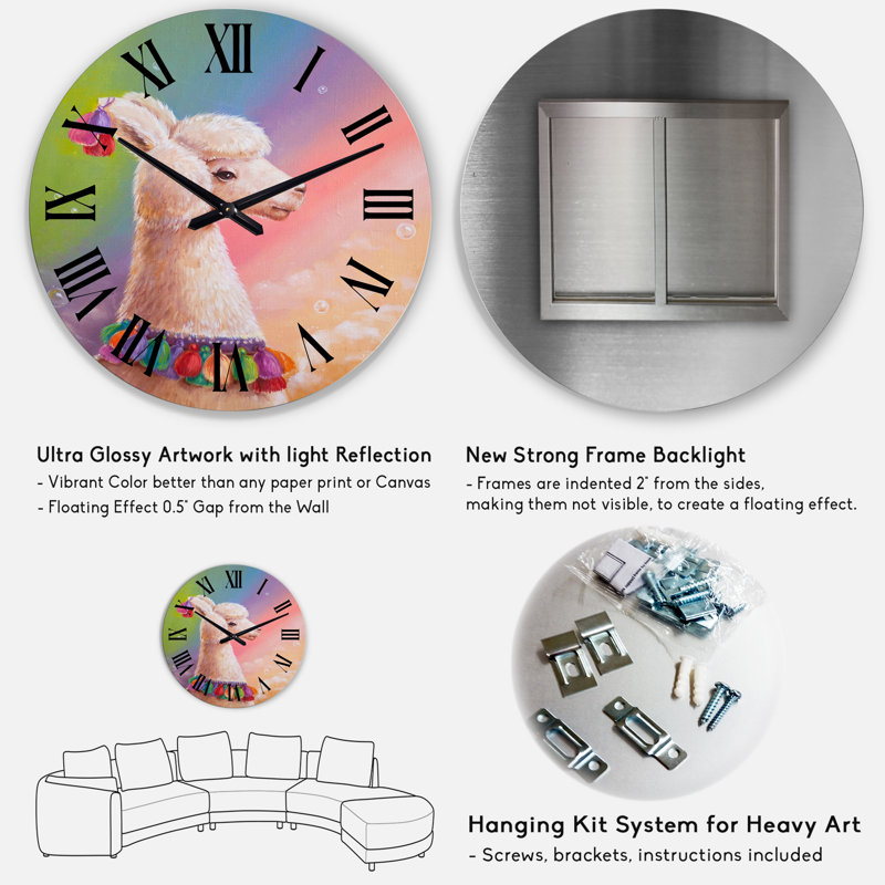 Portrait Of Lama On Rainbow Sky - Children's Art wall clock, Medium