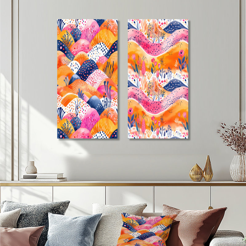 Ensemble de 2 reproductions d'art mural bohème rose et orange, H 28 po x l 24 po, Toile tendue sur cadre, Ne s’applique pas