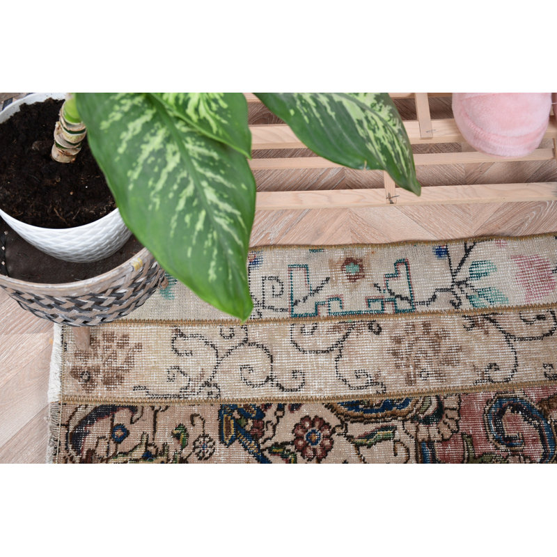 Handmade Vintage Turkish Runner Rug in Beige With Pastel Floral Pattern for Unique Home Decor