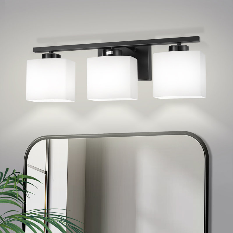 Luminaire moderne à 3 lumières avec abat-jour en verre carré, Noir mat, 3