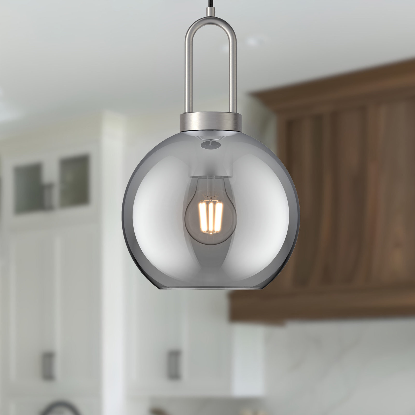 Shiloh Single Light Glass Pendant, Brushed Nickel, Smoke, 12.5"H x 7.875"W x 7.875"D