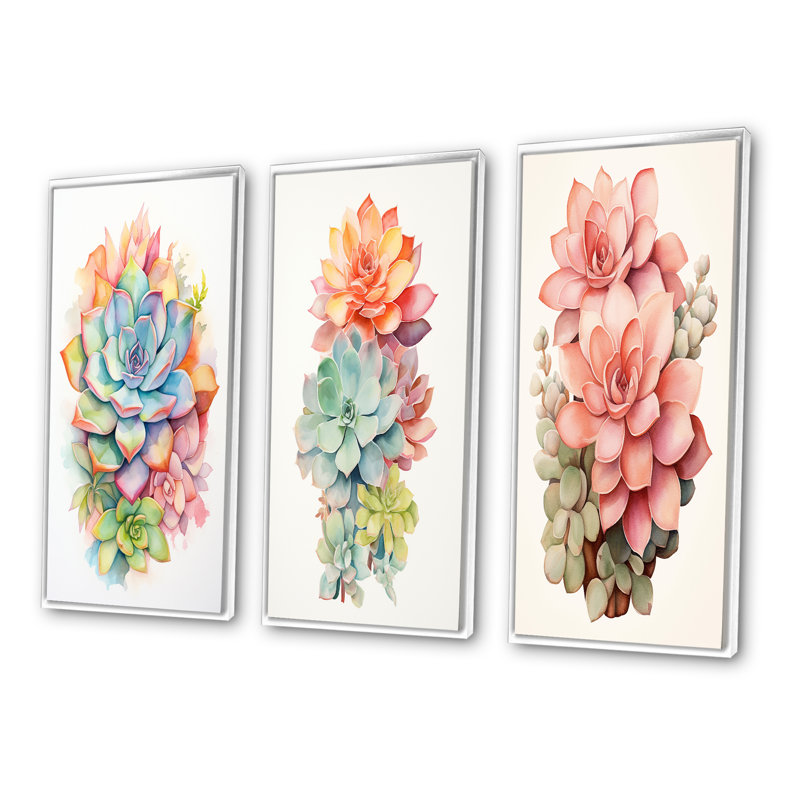 «Blossoming Succulent In Tender Retro Blue», 3 pièces sur toile, Cadre flottant blanc, H 28 po x l 36 po