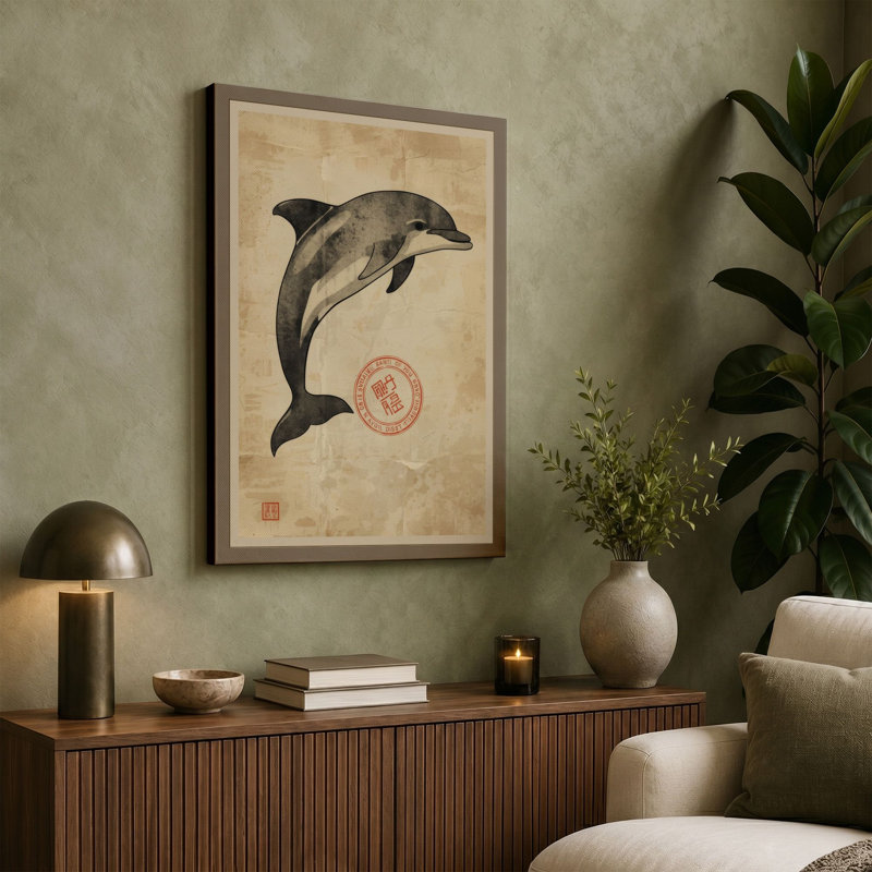 Dolphin with Red Seal Japandi - Wrapped Canvas, 36x24 - 91.4 x 61.0 cm, Cream Border
