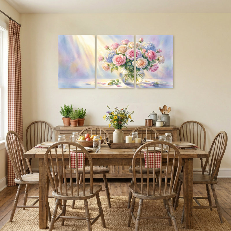 Plantes et fleurs roses dans un vase avec des rayons de lumière, ensemble de 3 impressions sur toile, H 30 po x l 60 po