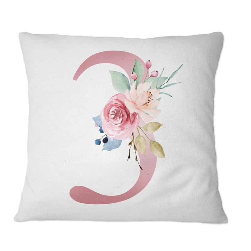 Floral Art Design With Number Three II - Traditional Printed Throw Pillow, 16" x 16"