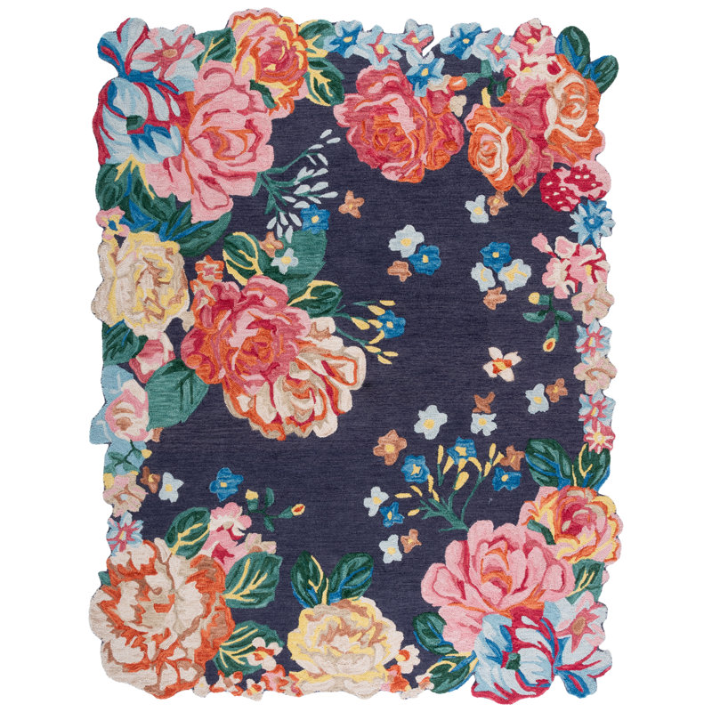 Jardin Hand Tufted Wool/Cotton Floral Rug in Pink/Navy, Rectangle 8" x 10"