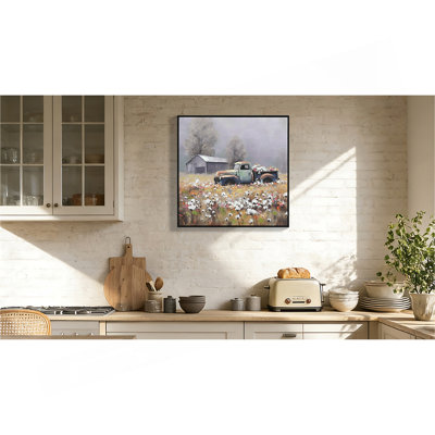 Farmhouse Old Truck Canvas Wall Art, Old Barn Pictures Wall Art, Country Antique Pickup Truck Canvas Prints, Blue Truck With Red Floral Flower Art Prints for Farmhouse Spring Decor 24" Hx24 W Inches