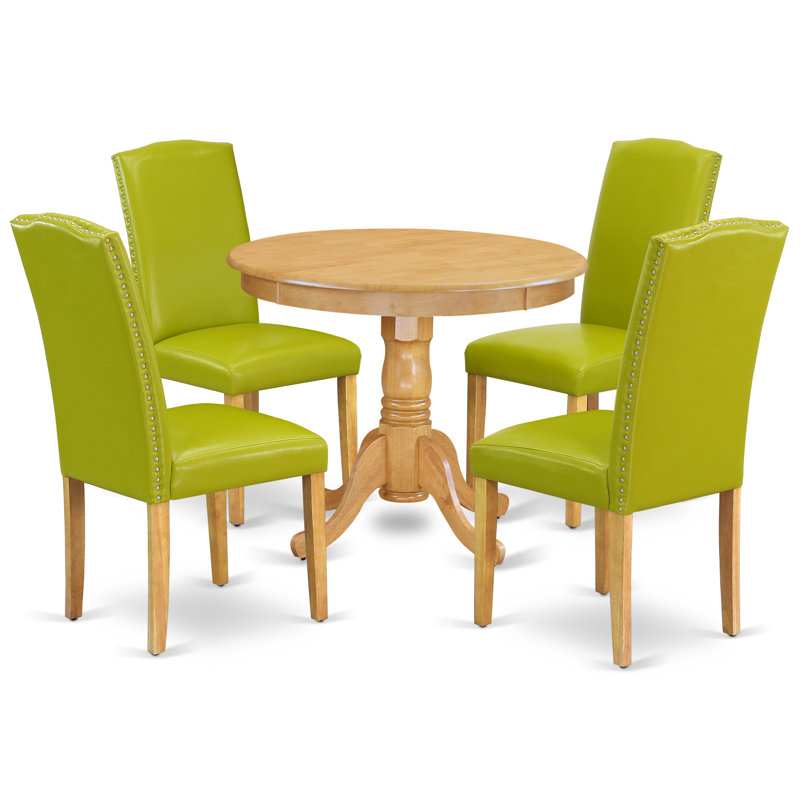 5 Piece Dinette Set Includes a Round Dining Table with Pedestal and 4 Autumn Green Faux Leather Upholstered Parson Chairs, Oak