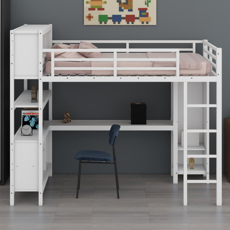 Lit mezzanine en métal avec garde-robe et bureau en L, avec cubes de rangement et tablettes, Blanc