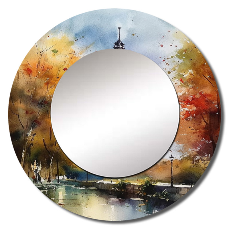 Rahmel Pastel Eiffel Tower In Paris III - Paris Decorative Wall Mirror, Orange Round Mirror, Printed Metal Art, 29" x 29"