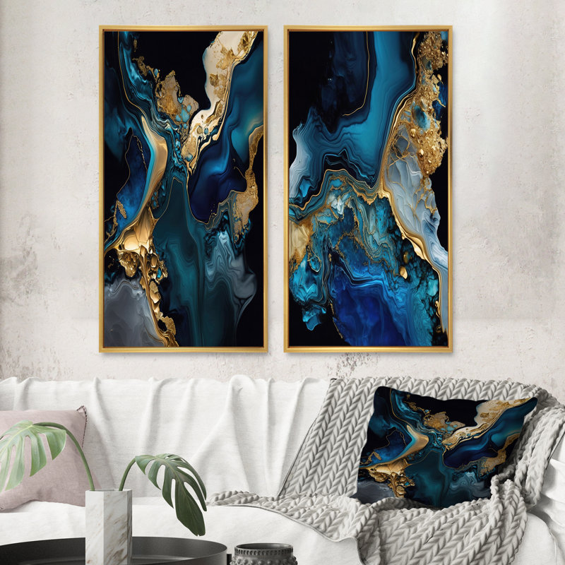 «Abstract Geode Marble Blue IV», 2 pièces sur toile, Encadrement doré, H 40 po x l 40 po