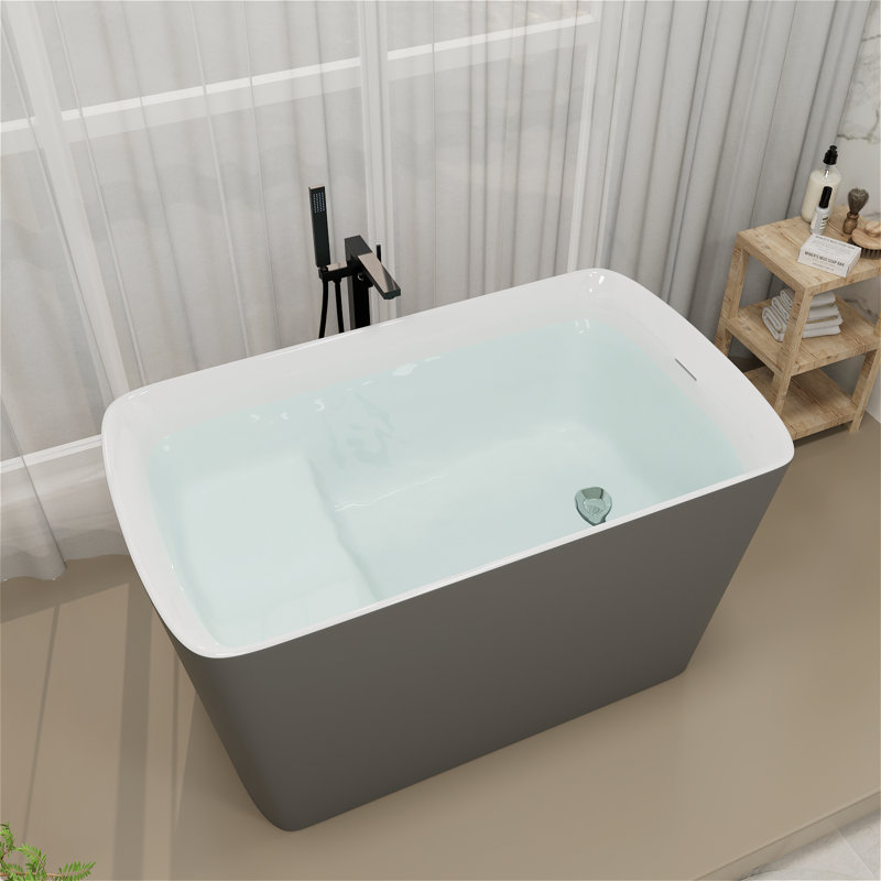 46.85" x 27.3" Freestanding Small Acrylic Bathtub, Integrated Seat & Non-Slip Surface, Chrome Drain for Safe Soaking in Compact Bathrooms