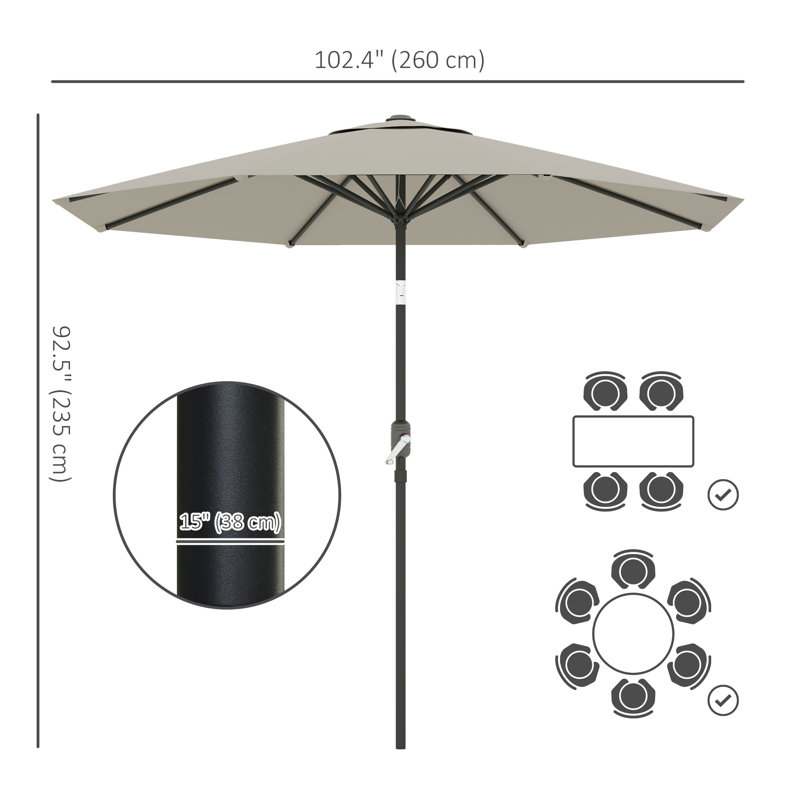 Parasol en aluminium 8,5 pi, abri soleil, gris clair