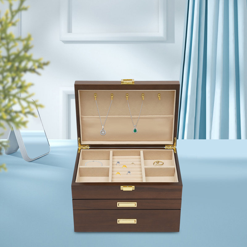 Boîte de rangement pour bijoux 3 couches, Brun foncé