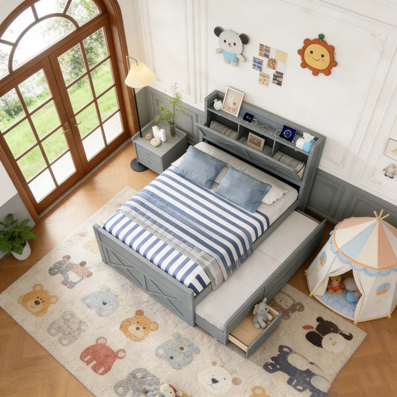 Lit simple en bois avec tête de lit avec rangement, Gris