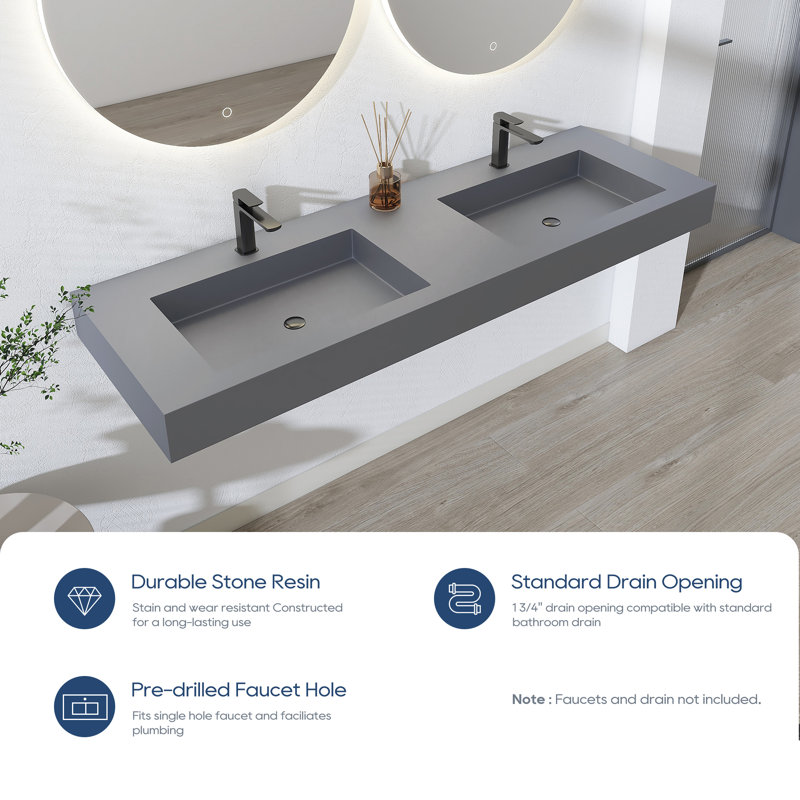 59'' Rectangular Double Solid Surface Bathroom Sink