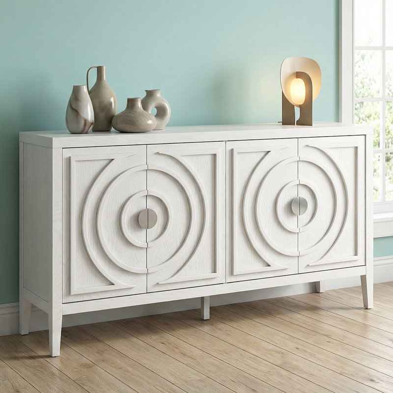 Rustic Kitchen Cabinet - Rubber Wood Construction, Distressed Finish,Rounded Door Design, Adjustable Shelves, White