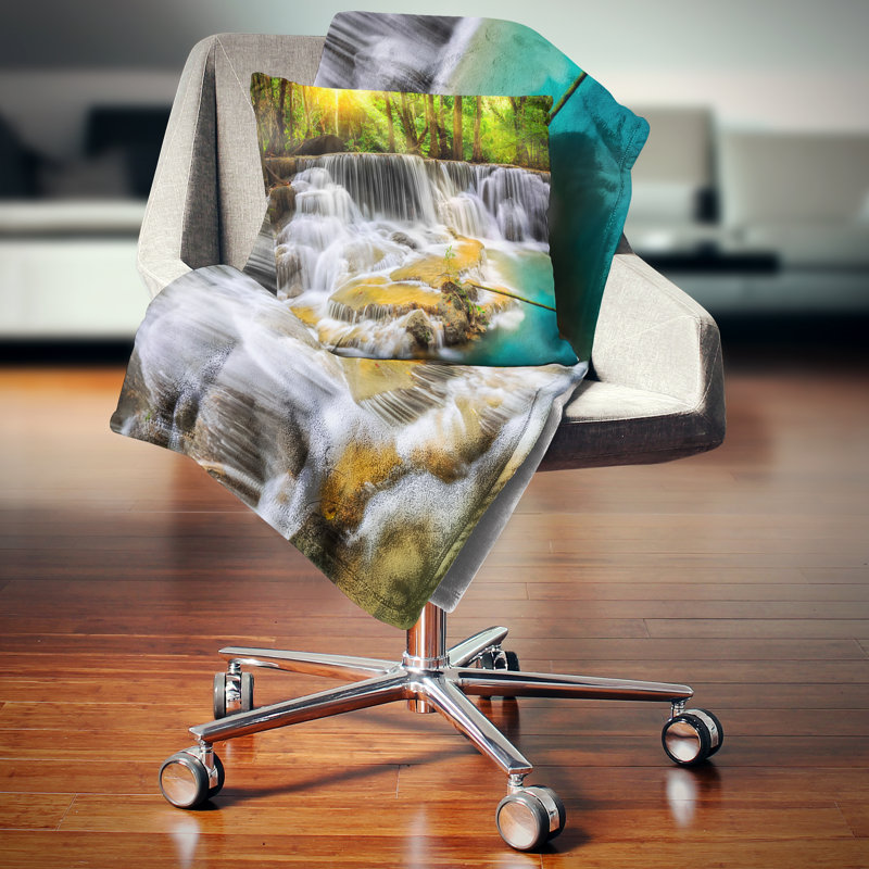 Wide View of Erawan Waterfall - Landscape Printed Pillow, Throw Pillow, 16" x 16"