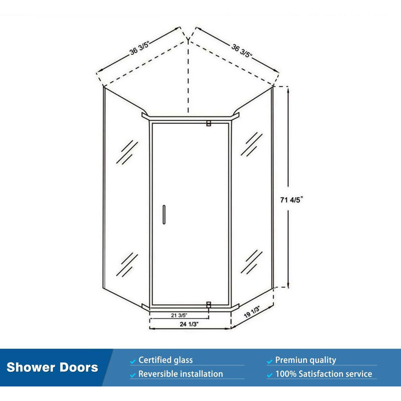 36.5" W X 36.5" D X 72" H Neo-Angle Shower Enclosure With Base, Black