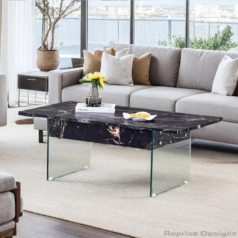 Table basse réglable en hauteur de 43,3 pouces avec rangement en verre trempé rustique pour le salon et le bureau, Noir