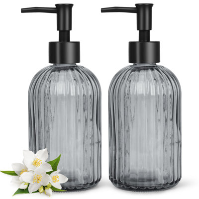 2 Pack Glass Soap Dispenser with Plastic Pump, 400ml Liquid Hand Soap Dispenser, Rustproof Pump for Kitchen & Bathroom, Great for Lotions, Essential Oil, Liquid Soaps,Army Green