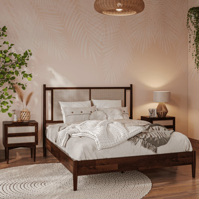 Oliver Solid Wood Platform Bed with Rattan Headboard 