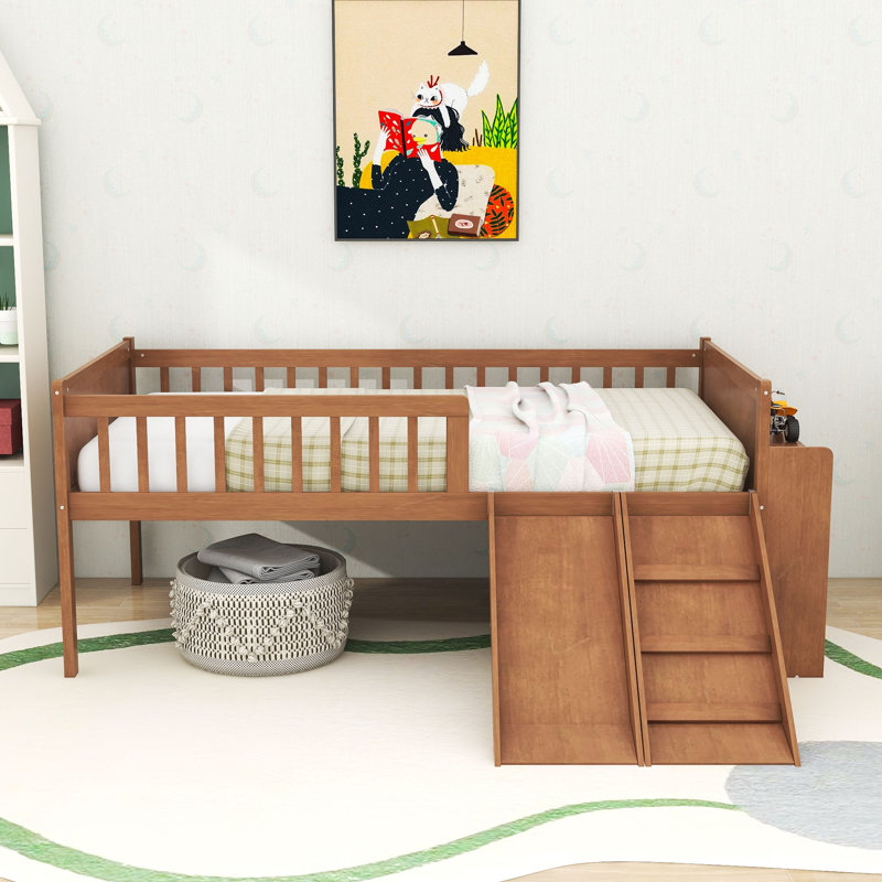 Lit mezzanine simple en bois avec tablette de rangement intégrée et glissade, Noyer clair