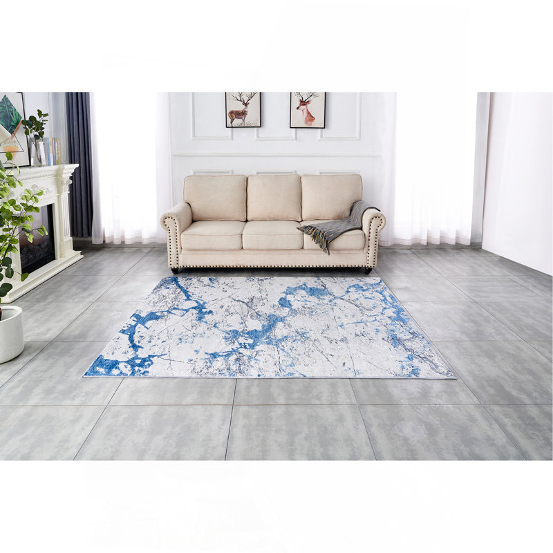 Tapis bleu argenté à motif abstrait et lavable à la machine, Rectangle 4pi x 6 pi