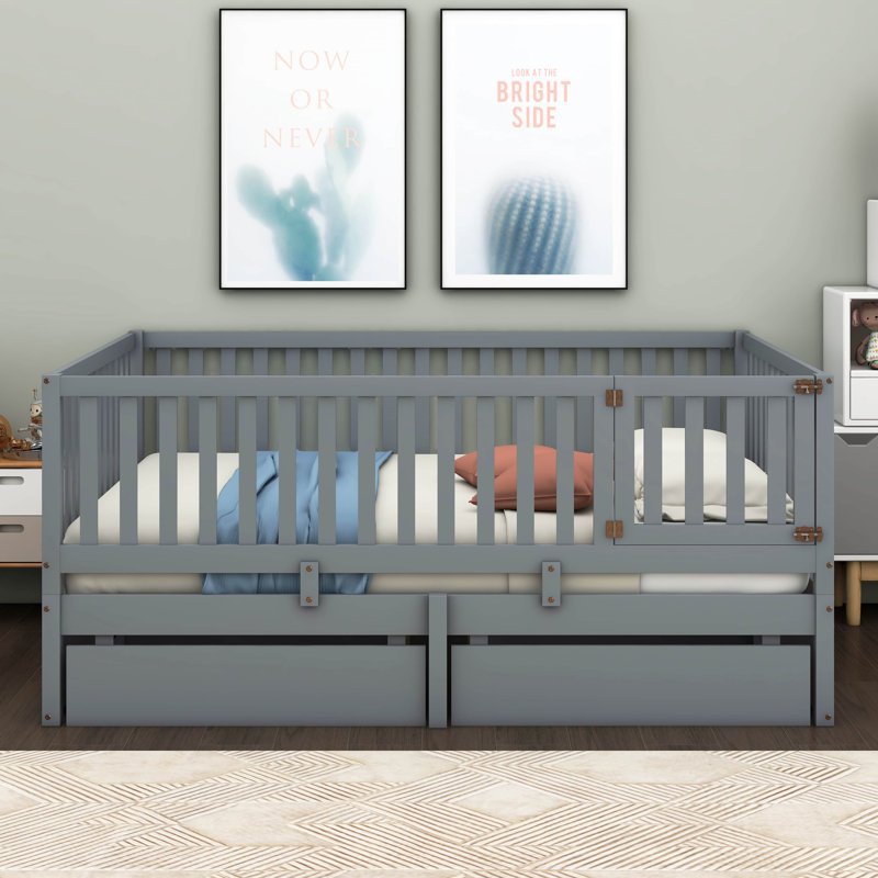 Joshau Wood Daybed with Fence Guardrails and 2 Drawers, Grey