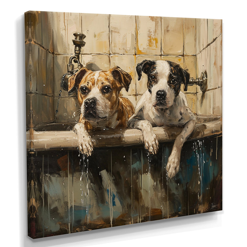 Deux chiens dans la baignoire - décoration murale pour salle de bain chien, Toile tendue, H 16 po x l 16 po x P 1 po
