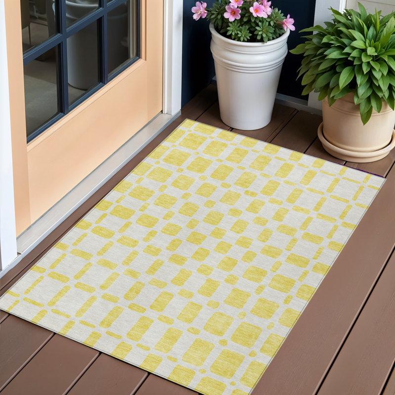 Tapis extérieur lavable à motif géométrique jaune et gris 3 pi x 5 pi
