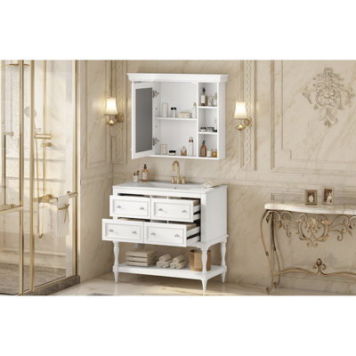 Meuble-lavabo de 36 po avec armoire à pharmacie, armoire à miroir moderne avec tablette réglable, armoire de rangement pour salle de bain à 4 tiroirs, armoire de rangement pour cadre de salle de bain en bois massif