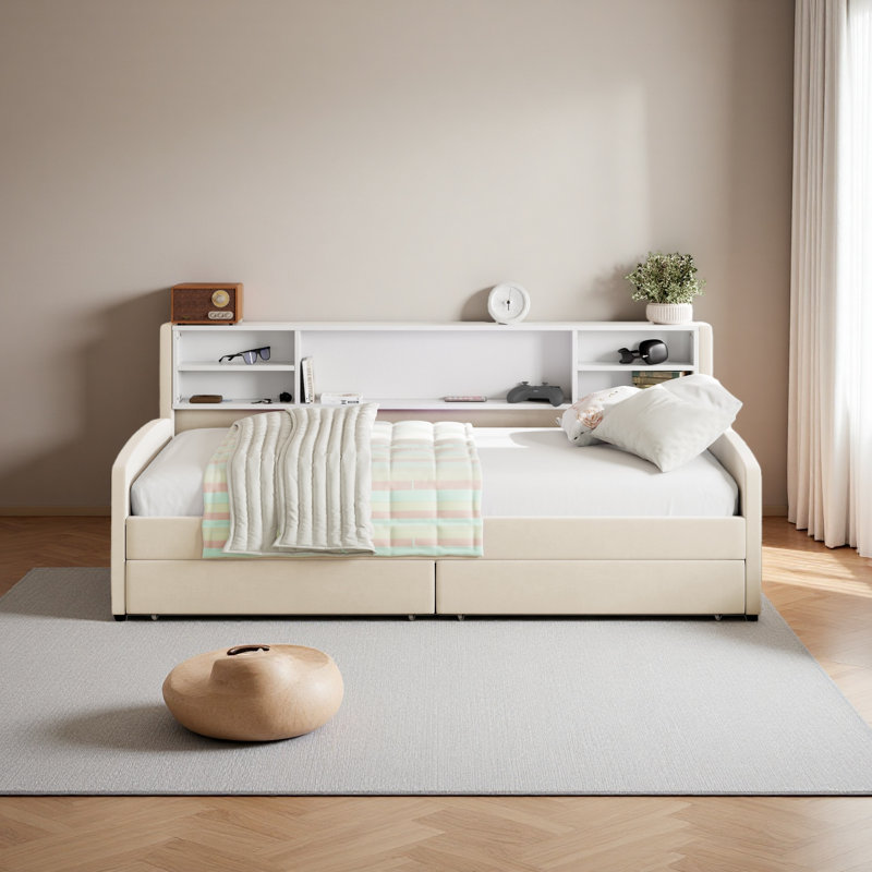 Lit plateforme simple tapissier avec rangement et tiroirs, Beige