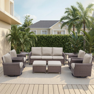 7-9 Person Outdoor Wicker Family Conversation Set with Swivel Chairs and Ottomans