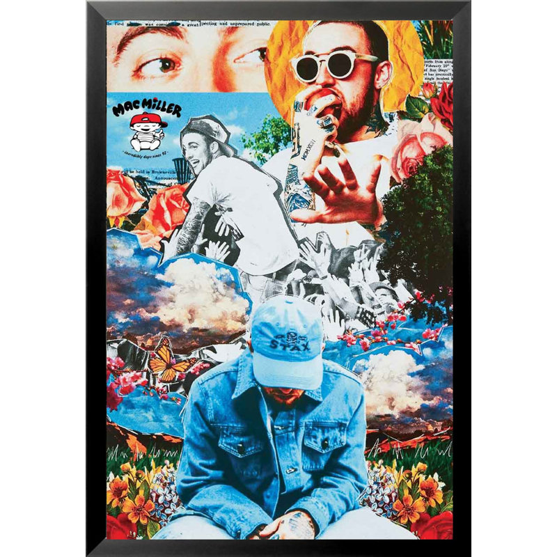 «Mac Miller Collage Music», reproduction d'impression sur papier, Papier encadré noir, H 36 po x l 24 po x P 0,05 po
