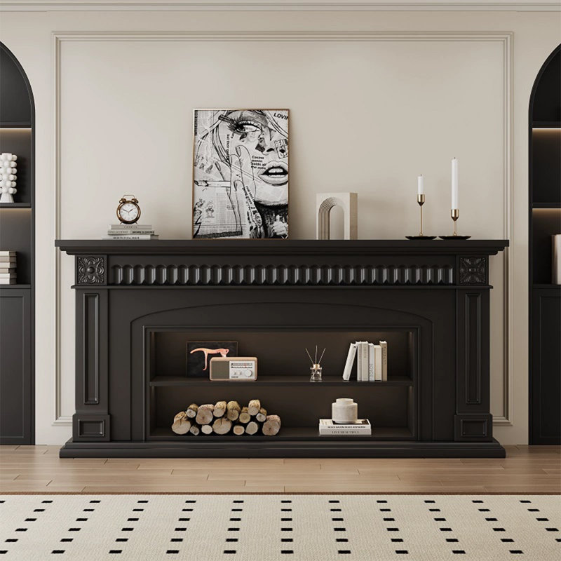 Black Solid Wood TV Cabinet Fireplace, 29.53" H x 86.61" W x 12.6" D