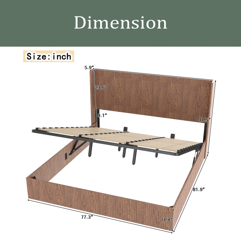 Grand cadre de lit avec rangement ondulé et cannelé, cadre de lit plateforme en bois avec rangement à soulever, Très grand