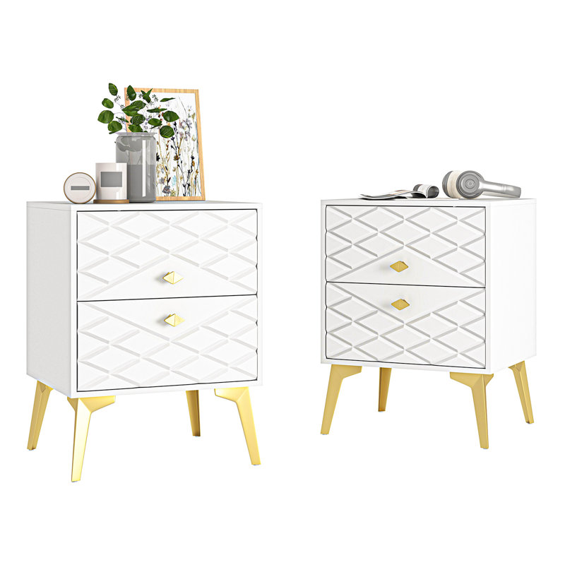 2-Piece White And Gold Nightstand Set With 2 Drawers For Bedroom Living Room