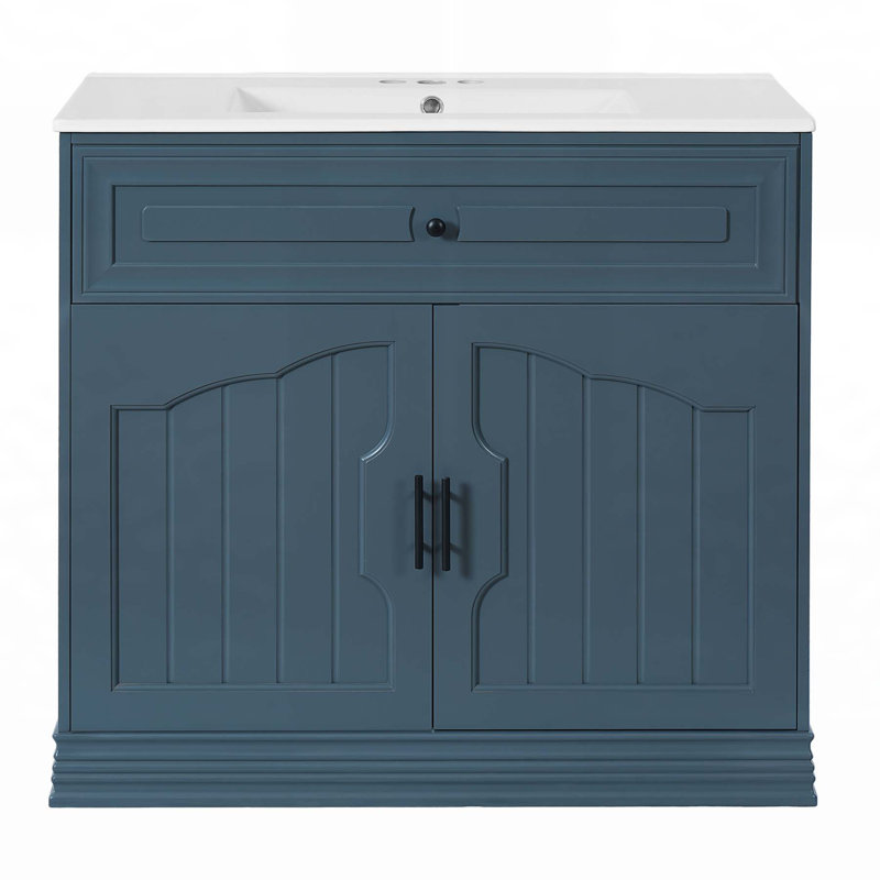 Meuble-lavabo de 36 pouces avec lavabo en céramique, portes à fermeture douce et cadre en bois massif pour un rangement élégant