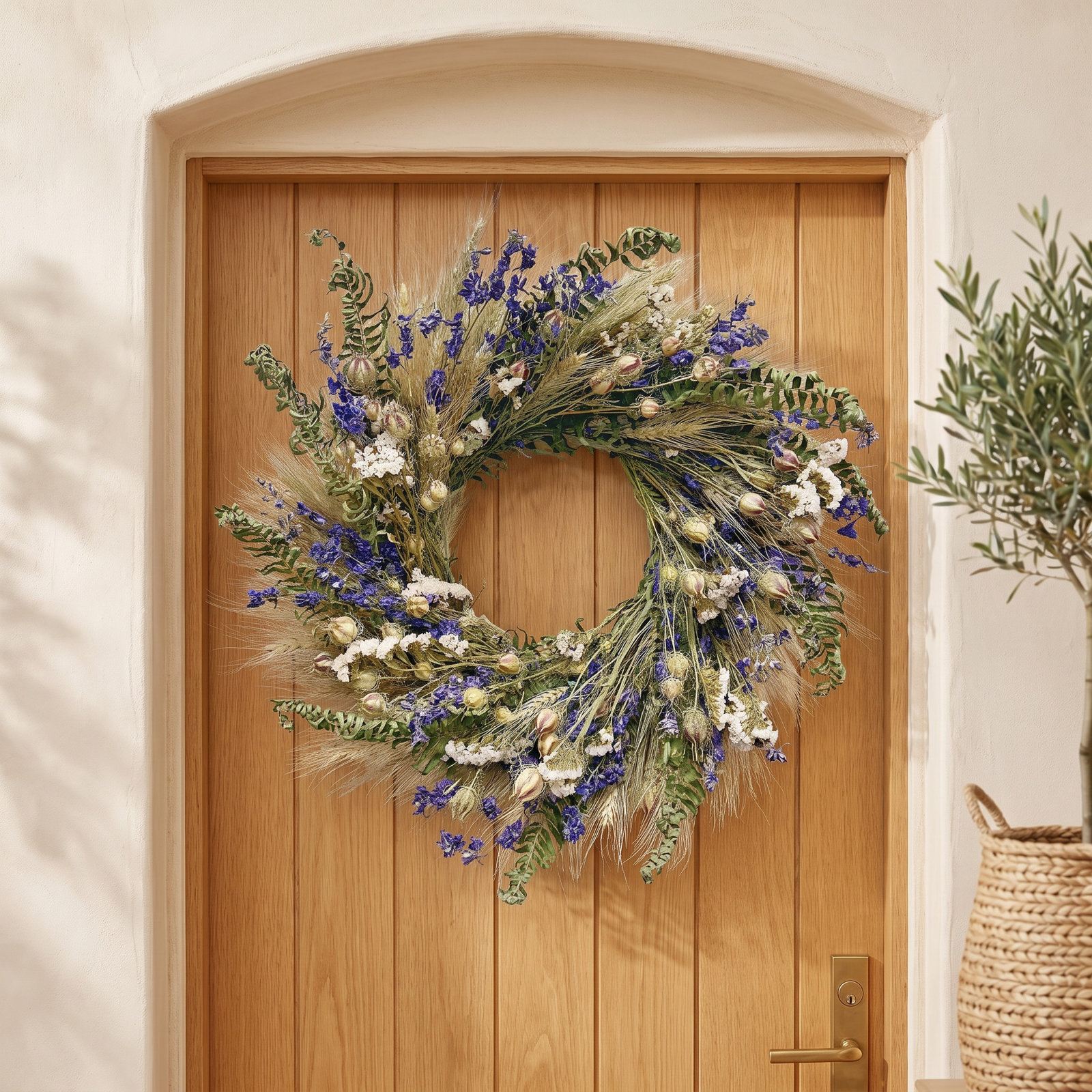 Dried Spring Blue Larkspur and Fern Wreath, 22" W x 22" H x 5" D
