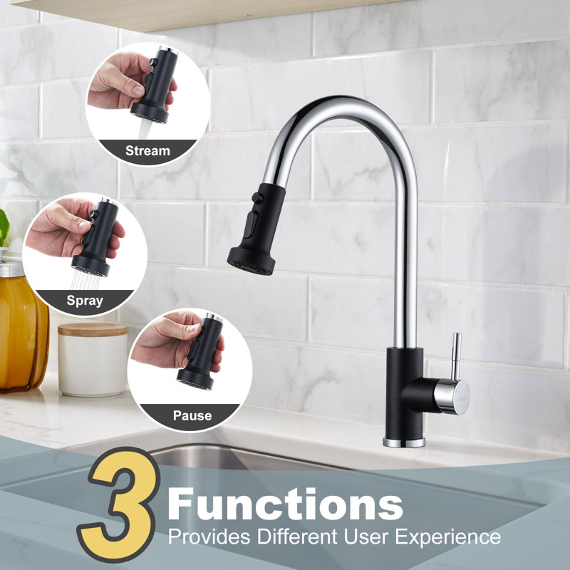 Matte Black and Chrome Stainless Steel Pull Down Kitchen Faucet