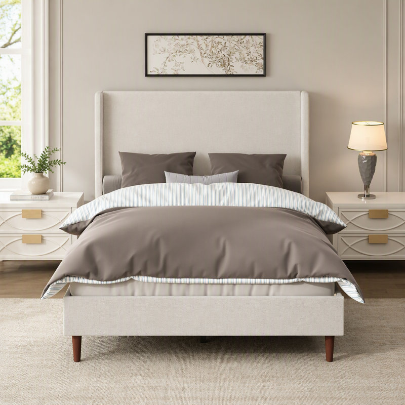 Base de lit tapissier haute avec support à 12 lattes, assemblage facile, tissu en chenille, aucun sommier requis