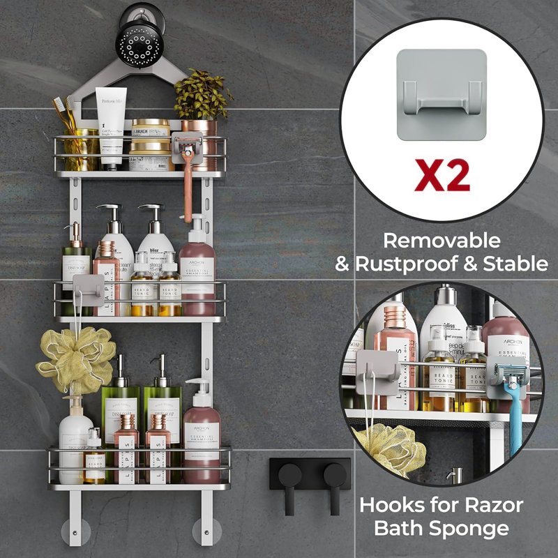 Capacité maximale et suspension stable, hauteur de 3 niveaux - panier de douche réglable, Argent argent