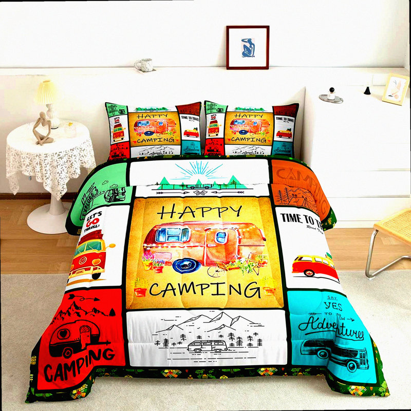 Happy Camper Geometric Grid Bedding Set - Full Size Rustic Farmhouse Comforter & Quilt Bedding for Travel Bunk RV Bed Decor. Includes 2 Colourful Pillowcases.