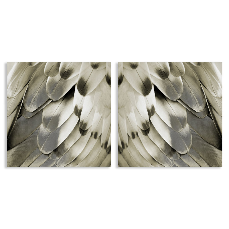 «Bird Feathers Vintage View», ensemble de 2 toiles murales par Julia Bosco, H 17 po x l 17 po