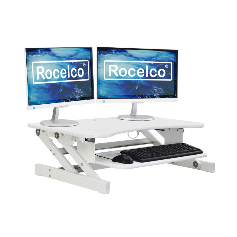 Rocelco 37.5 in. White Deluxe Height Adjustable Standing Desk Converter Dual Monitor Riser with Gas Spring Assist System